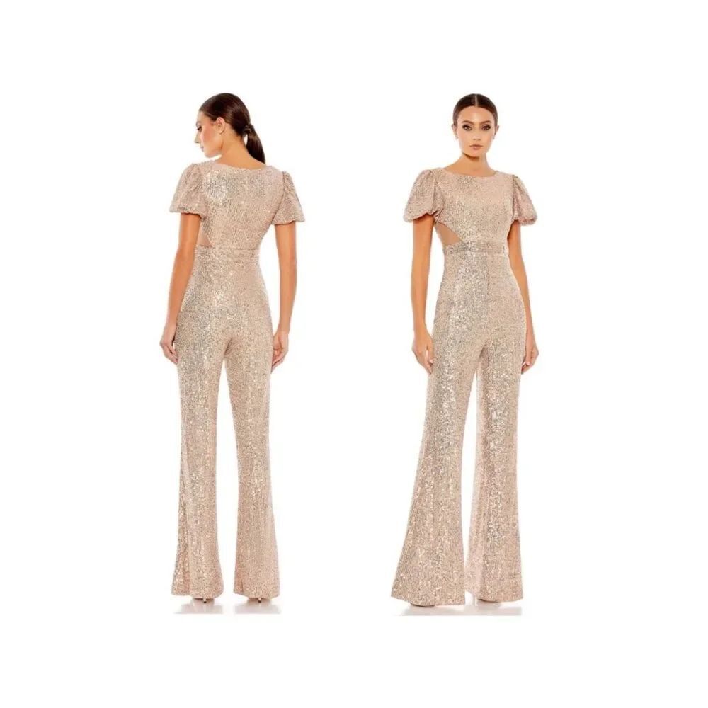 Mac Duggal 11273 Short Sleeve Rose Gold Sequined Evening Jumpsuit $398 NWT